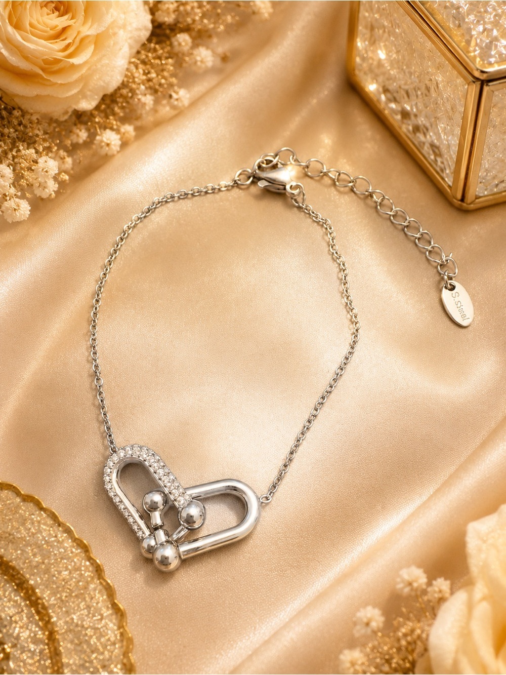 Silver Stainless Steel Pavé Link Bracelet | Adjustable 6.5–8.5”